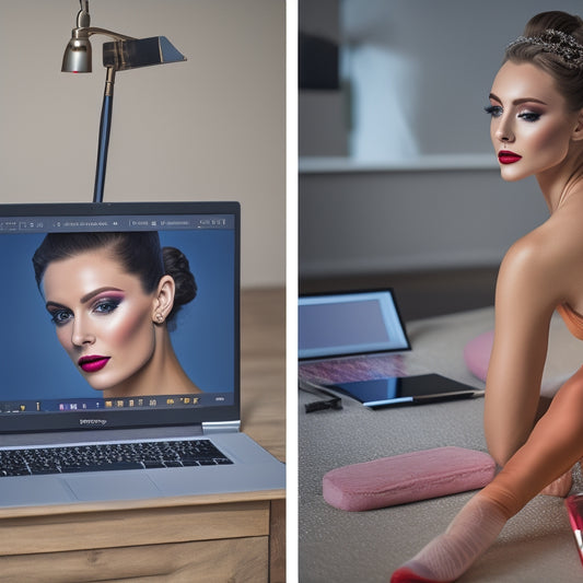 A split-screen image featuring a ballet dancer in a studio on one side, and a laptop or tablet screen displaying a makeup tutorial on the other, with makeup brushes and products scattered around.