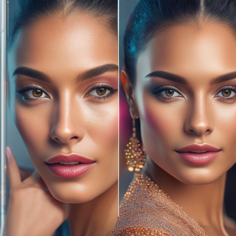 A stylized illustration of a dancer's face with a split-screen effect, showcasing a natural, bare-faced side and a glamorous, made-up side, surrounded by subtle digital marketing elements like Wi-Fi signals and miniature smartphones.