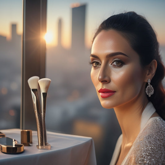 A soft-lit, elegant portrait of Mariel Barcelona, surrounded by makeup brushes, palettes, and wedding planning materials, with a subtle cityscape of Barcelona in the background.