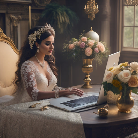 A soft, golden-lit illustration of a elegant, lace-veiled bride sitting at a ornate, wooden desk, surrounded by scattered wedding decorations, flowers, and a laptop open to an online course webpage.