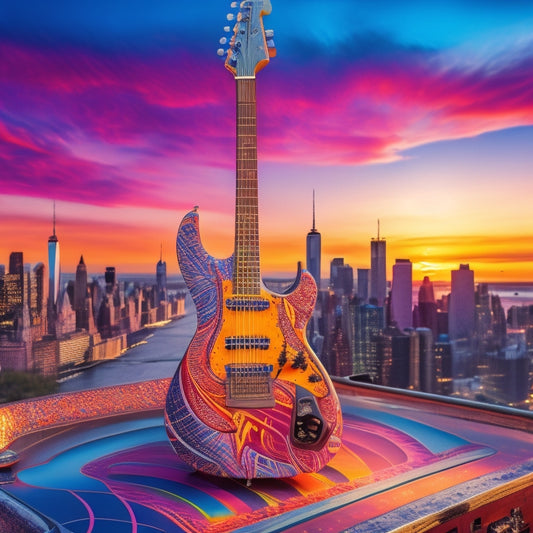A vibrant illustration of a stylized guitar, surrounded by swirling patterns of bright colors, with musical notes and rhythms emanating from its body, set against a dynamic New York City skyline at sunset.