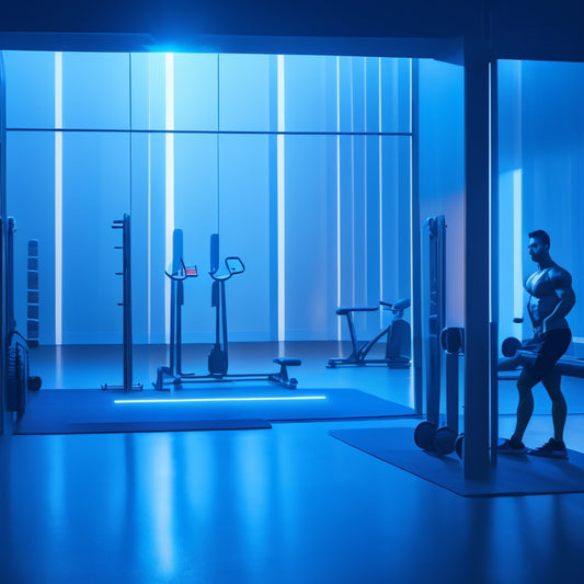 A minimalist illustration featuring a sleek, modern fitness studio background with a few subtle weightlifting equipment silhouettes, and a centered, stylized, glowing blue outline of a human figure in motion.