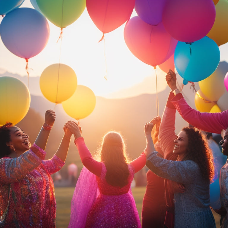 A vibrant, circular formation of diverse people, hands clasped, dancing in unison, surrounded by colorful balloons, streamers, and lanterns, set against a warm, sunset-inspired background.