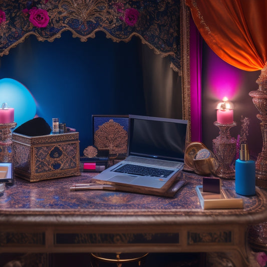 A colorful, ornate vanity table with a laptop, brushes, and various stage makeup products, surrounded by spotlights, with a subtle theater curtain background, and a few scattered beauty magazines.