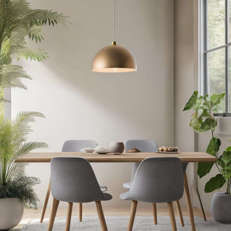 A minimalist Scandinavian-inspired interior scene featuring a sleek, spherical pendant light suspended above a wooden dining table, surrounded by minimalist chairs and a lush greenery backdrop.