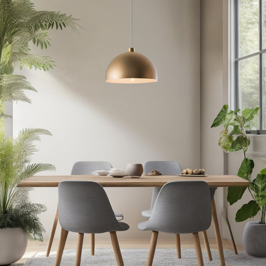 A minimalist Scandinavian-inspired interior scene featuring a sleek, spherical pendant light suspended above a wooden dining table, surrounded by minimalist chairs and a lush greenery backdrop.