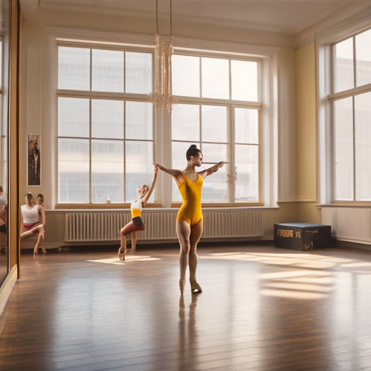 A warm-toned dance studio with a wooden floor, mirrors, and a ballet barre, featuring a beginner dancer in a bright yellow leotard, standing in first position, surrounded by scattered dance shoes and a few fallen dance notes.