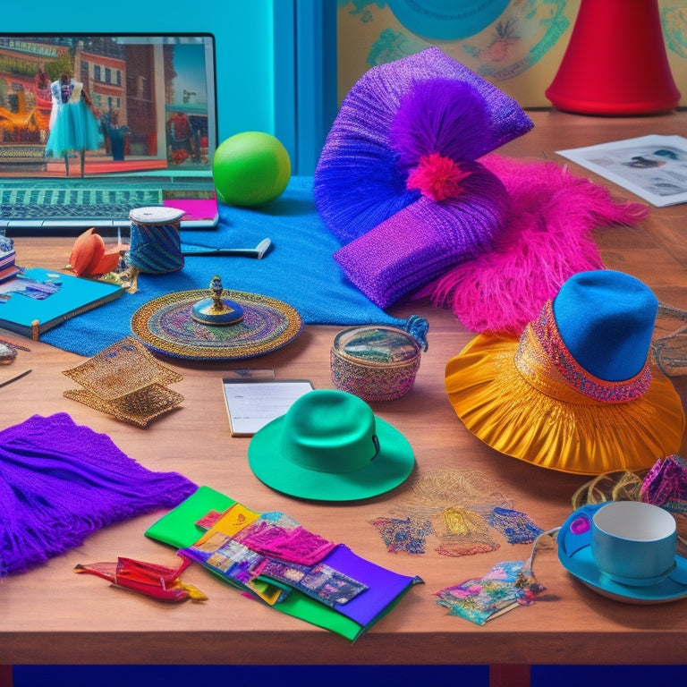 A whimsical illustration featuring a dancer's desk with a laptop, surrounded by colorful fabrics, threads, and costume pieces, with a ballet shoe and a top hat on the floor, amidst scattered dance-inspired sketches.