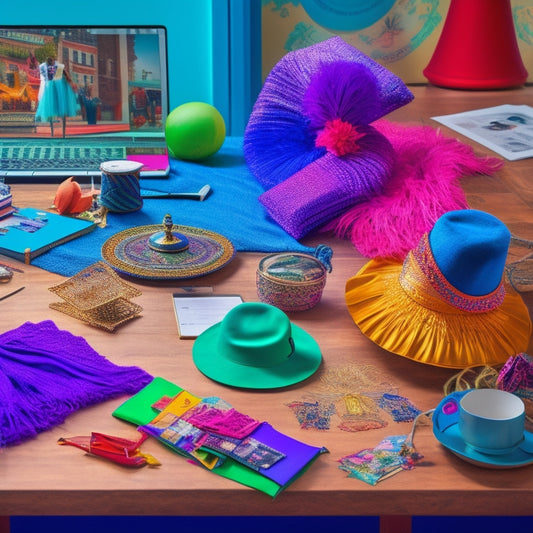 A whimsical illustration featuring a dancer's desk with a laptop, surrounded by colorful fabrics, threads, and costume pieces, with a ballet shoe and a top hat on the floor, amidst scattered dance-inspired sketches.