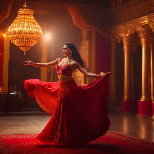 A serene, dimly lit dance studio with a beautiful, toned woman in a flowing, crimson skirt, performing a side bend, her arms extended and hands grasping scarves, amidst a backdrop of ornate, golden lanterns.