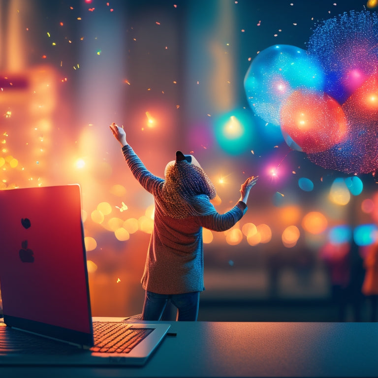 A whimsical illustration featuring a person dancing in front of a laptop, surrounded by confetti, balloons, and sparkling lights, with a subtle cityscape background and a subtle glow effect.