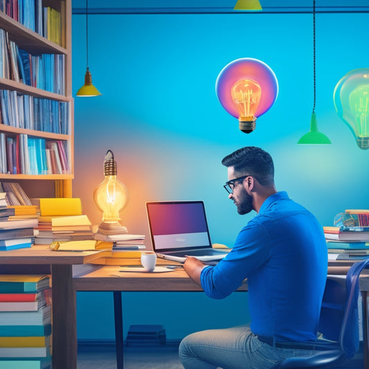 An illustration of a person sitting at a desk, surrounded by speech bubbles of various colors and sizes, with a thought bubble above their head containing a lightbulb, amidst a subtle background of bookshelves and laptop screens.