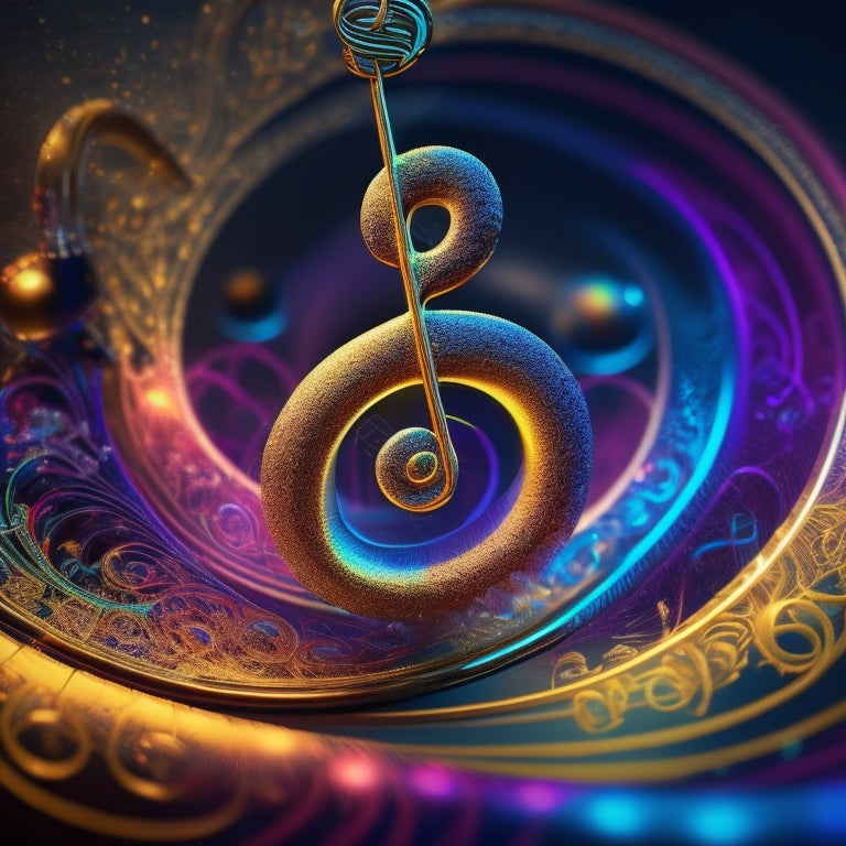 A vibrant, swirling vortex of colorful musical notes and staffs, surrounded by sound waves and treble clefs, radiating from a central, glowing, golden treble clef symbol.