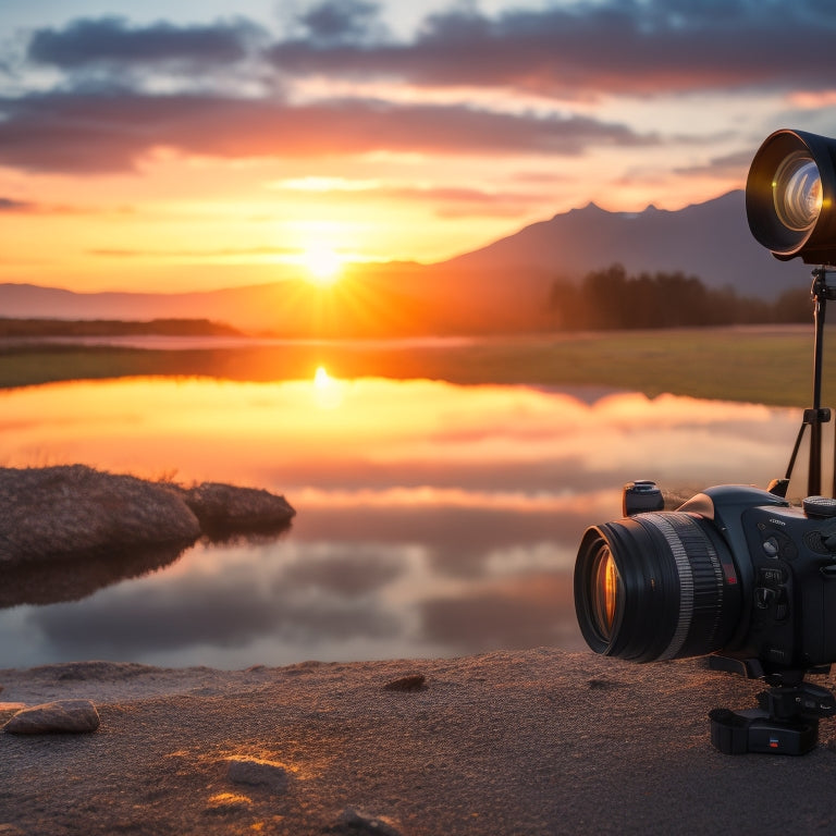 A serene landscape with a DSLR camera placed on a tripod in the foreground, surrounded by scattered photography equipment, and a blurred-out photographer in the background, capturing a breathtaking sunrise.