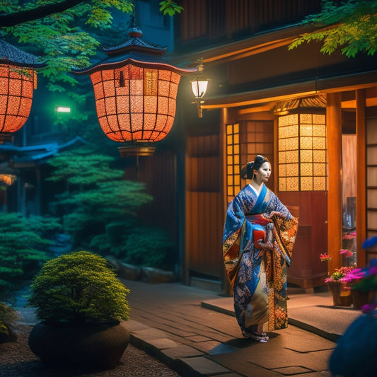 A serene, moonlit scene of Gion's traditional Japanese architecture, with a delicate, kimono-clad dancing lady in the foreground, surrounded by softly glowing lanterns and lush, vibrant greenery.