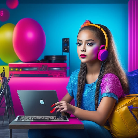 A bright, colorful illustration of a teenage girl sitting in front of a laptop, wearing dance attire and holding a makeup brush, with a virtual dance studio background and digital makeup palettes surrounding her.