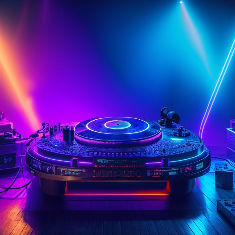 A dramatic, neon-lit DJ console amidst a dark, misty background, with vinyl records and CDs shattered around, and a lone, triumphant turntable standing tall, surrounded by a halo of light.