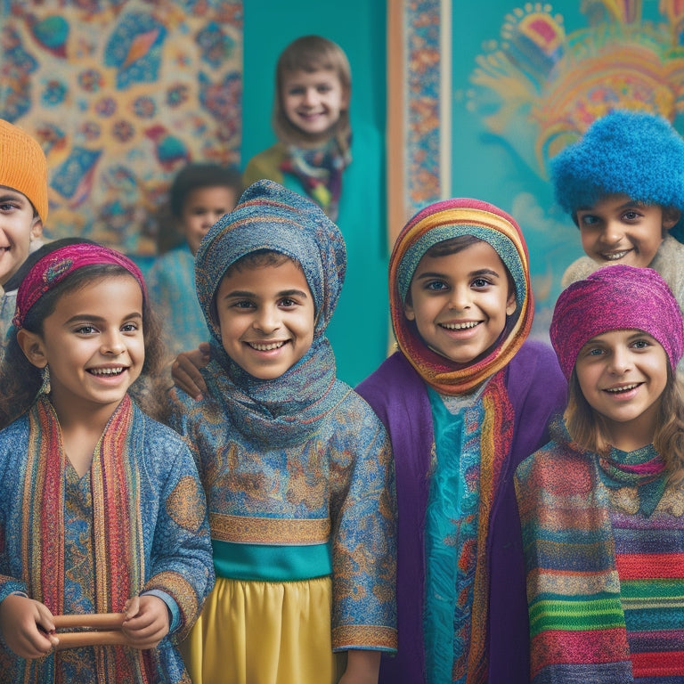 A whimsical illustration of a group of diverse, smiling children aged 6-12, surrounded by colorful Middle Eastern-inspired patterns, wearing hip scarves and playing instruments, amidst a virtual dance studio backdrop.