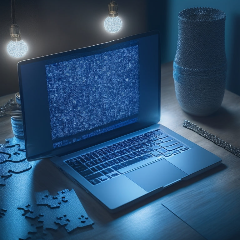 A stylized illustration of a laptop with a glowing lightbulb above the screen, surrounded by puzzle pieces fitting together, with a subtle background of connected nodes and lines, symbolizing online connections.