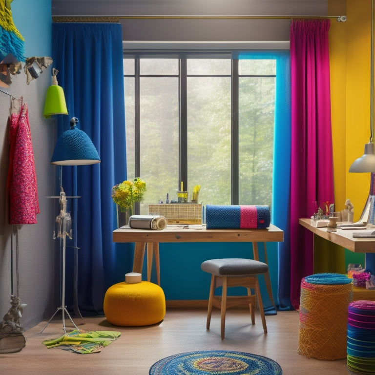 A vibrant workspace featuring a colorful fabric swatch wall, sewing tools, sketchpad with design concepts, a mannequin draped in unique custom garments, and spools of thread arranged artistically, all illuminated by natural light.