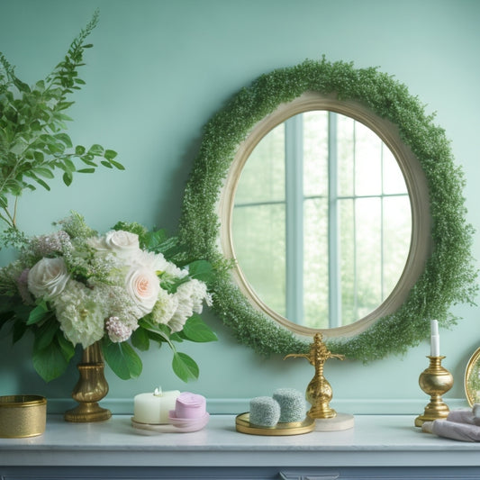 A serene, pastel-hued atmosphere with gentle, swirling mist, lush greenery, and delicate florals, surrounded by soft, golden lighting, and elegant, ornate spa-inspired elements, like vintage mirrors and distressed wood accents.