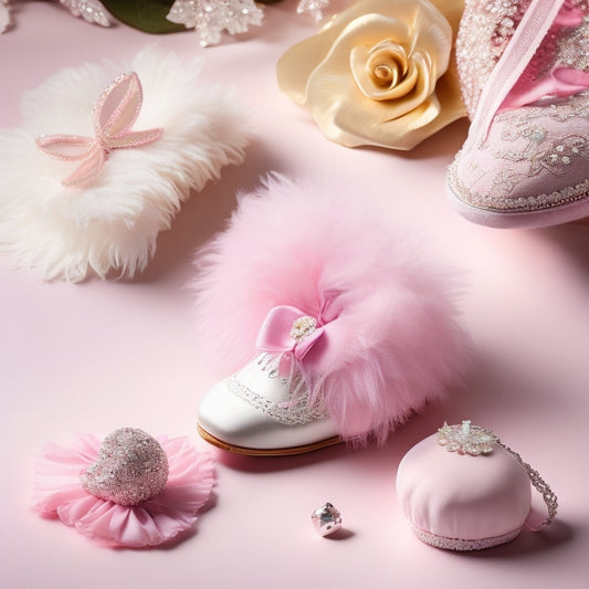 A whimsical illustration featuring a delicate, lace-trimmed scrunchie surrounded by ballet-inspired elements, including a miniature ballet slipper, a few feathers, and subtle music notes, set against a soft, pastel pink background.