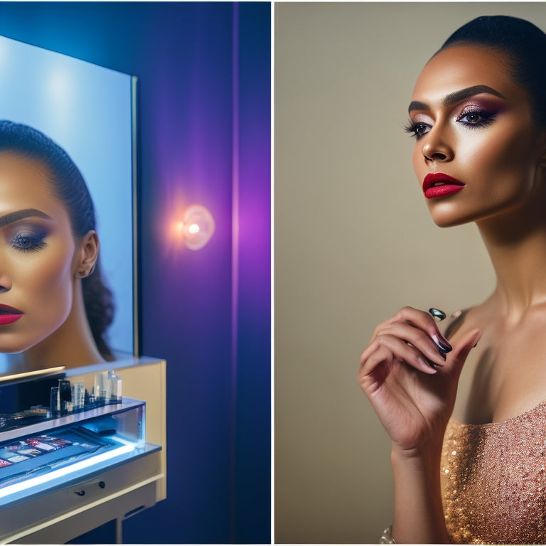 A split-screen image featuring a frustrated dancer in front of a cluttered makeup vanity on one side, and a calm dancer in front of a sleek, minimalist digital makeup interface on the other.