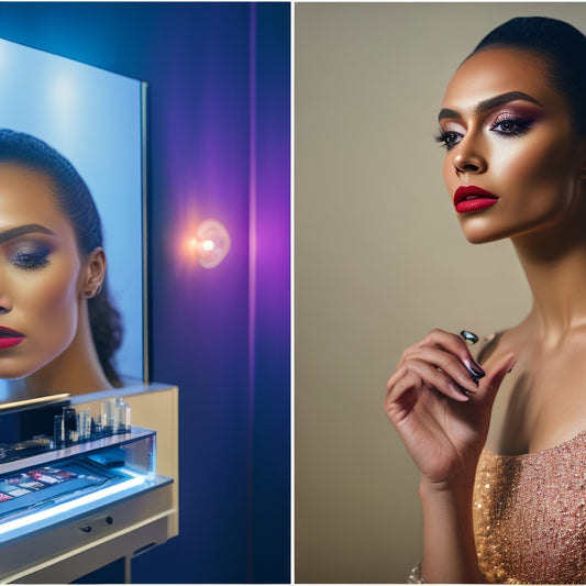 A split-screen image featuring a frustrated dancer in front of a cluttered makeup vanity on one side, and a calm dancer in front of a sleek, minimalist digital makeup interface on the other.