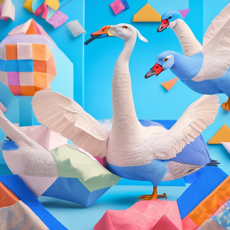 A whimsical illustration featuring colorful, dancing geese in various poses, surrounded by vibrant quilt blocks and swirling fabric scraps, set against a soft, pastel blue background.