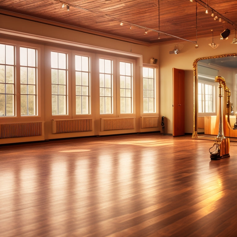 A warm, golden-lit dance studio with a wooden floor, mirrored walls, and a few taps scattered around; a pair of tap shoes in the center, with one foot resting on top of the other.