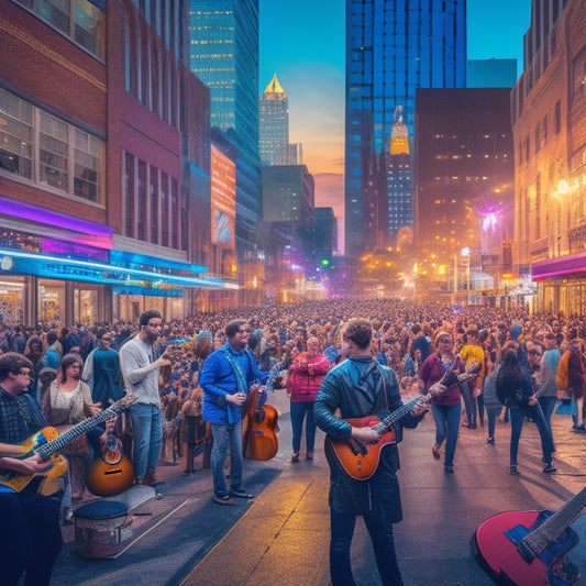 A vibrant illustration of a bustling downtown Raleigh cityscape at dusk, with colorful stage lights illuminating a crowded city block, guitars, and musical notes floating above, surrounded by cheering people.