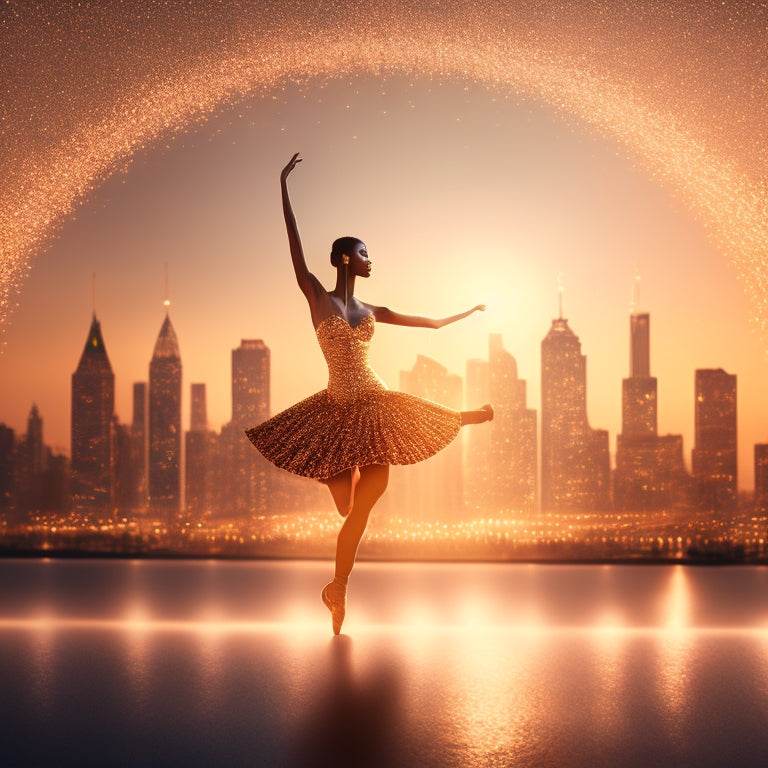 A stylized illustration of a dancer's silhouette in front of a cityscape at sunset, with dollar signs and affiliate links orbiting around them, surrounded by subtle, shimmering gold lights.