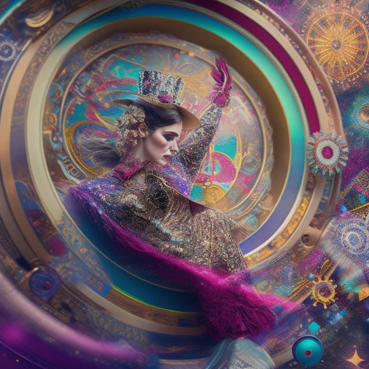 A whimsical illustration of a fusion dancer surrounded by swirling patterns of fabric, musical notes, and clockwork gears, amidst a backdrop of vibrant colors and abstract shapes, representing the fusion of creativity and structure.