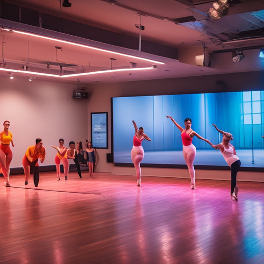 A warm and inviting dance studio with a large screen displaying a live online class, surrounded by ballet bars, mirrors, and a few dancers in various poses, with a subtle glow of stage lights.