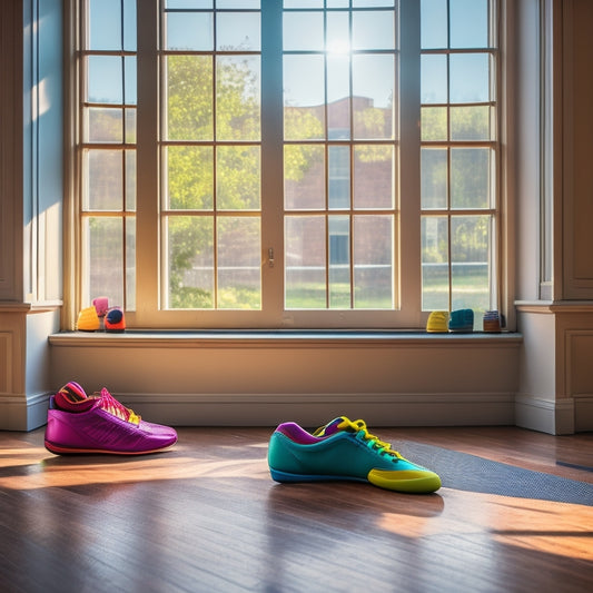 A vibrant scene featuring a variety of colorful budget dance sneakers arranged artistically on a polished wooden studio floor, with a ballet barre in the background and soft natural light streaming through large windows.