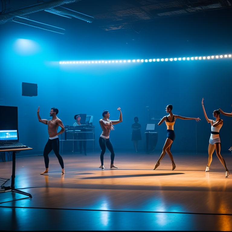A dramatic, spotlight-lit dance studio with a solo dancer in mid-pose, surrounded by laptops, tablets, and smartphones, with virtual competition judges' screens in the background.