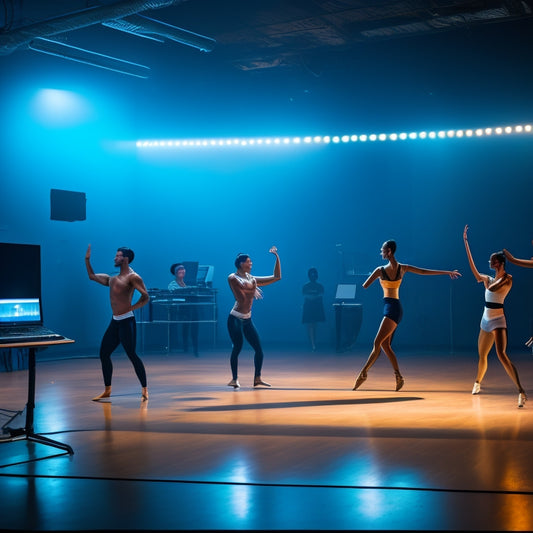 A dramatic, spotlight-lit dance studio with a solo dancer in mid-pose, surrounded by laptops, tablets, and smartphones, with virtual competition judges' screens in the background.