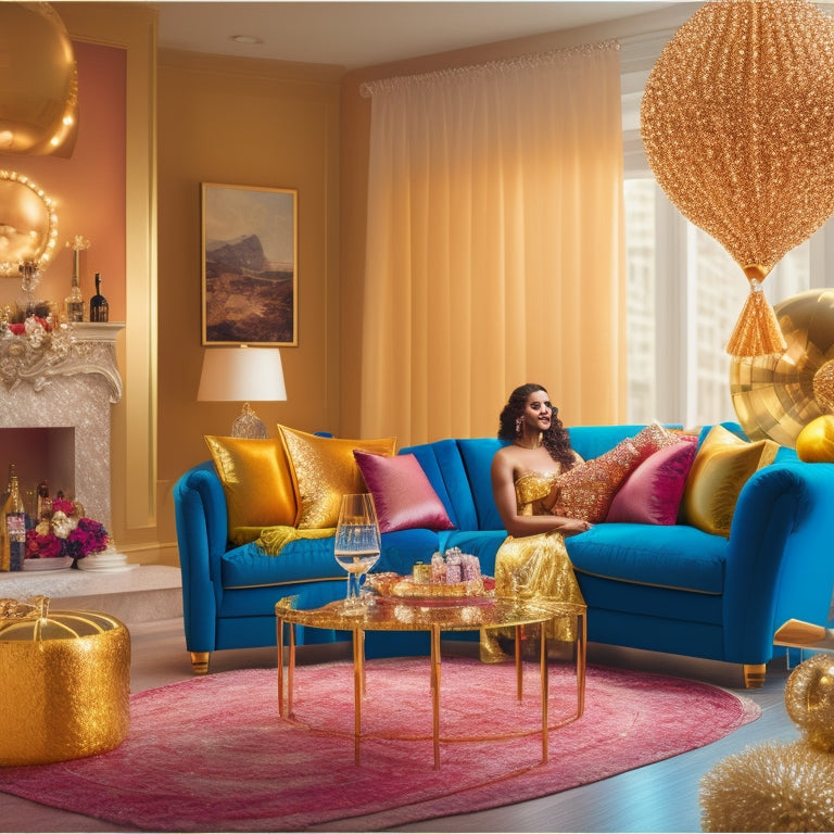 A vibrant illustration of a luxurious living room with a champagne bottle and flute, surrounded by balloons, decorations, and a dancer in the background, amidst a warm, golden light ambiance.