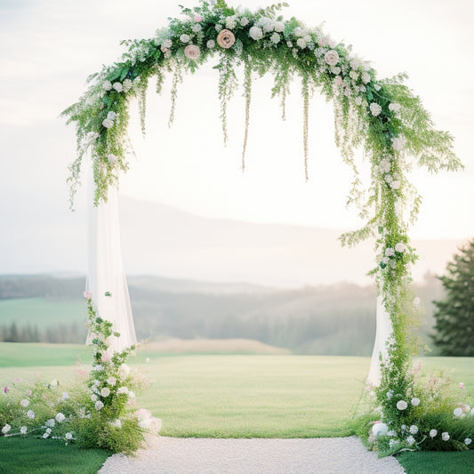 A delicate, lace-draped wedding arch stands atop a rolling, emerald green hill, surrounded by scattered rose petals and adorned with suspended, crystal glass orbs that refract sunlight.