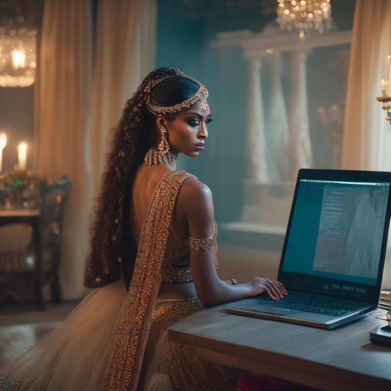 A serene, dimly lit room with a laptop and a mirror in the background, featuring a dancer in a flowing, beaded costume, posing in a dramatic, hip-isolated movement.