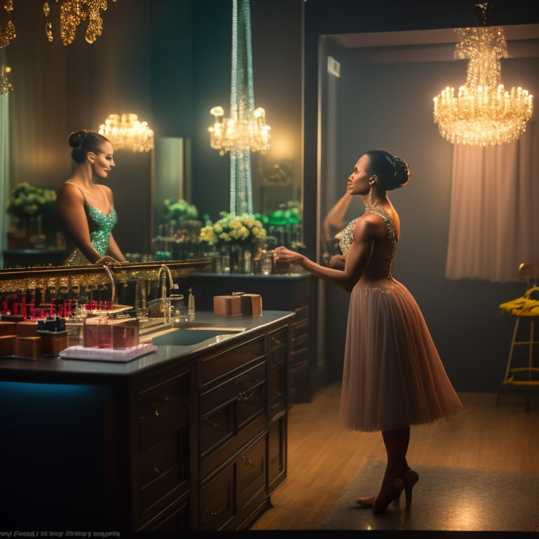 A beautiful, dimly lit dance studio with a vanity in the center, surrounded by makeup brushes, palettes, and a single, elegant dancer in the background, focusing on her reflection.