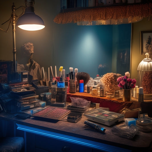 A dimly lit, cluttered makeup station with scattered brushes, palettes, and mirrors, surrounded by empty makeup containers and crumpled up paper towels, with a single, unfinished dance makeup look on a mannequin head.