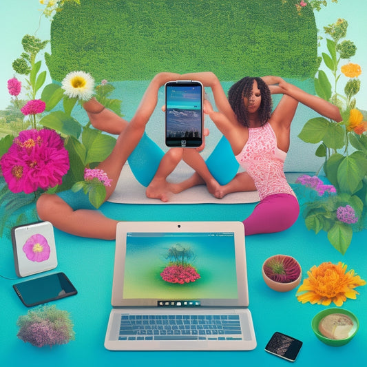 An illustration of a person in a yoga pose, surrounded by laptops, tablets, and smartphones, with vines and flowers growing out of the devices, symbolizing flexibility and flow in online learning.