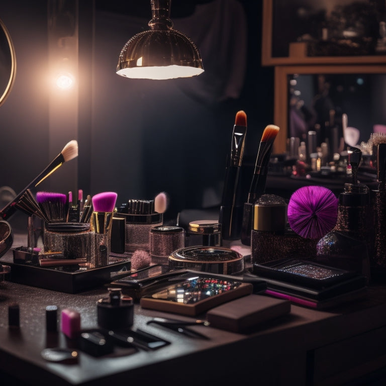 A cluttered, dimly lit vanity with scattered makeup brushes, palettes, and products, surrounded by mirrors, ring lights, and laptops, with a makeup artist's hand holding a brush, blending eyeshadow.