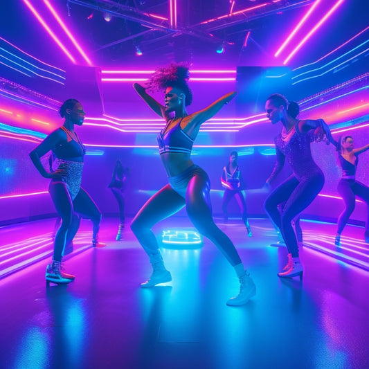 A futuristic dance studio with neon lights, surrounded by holographic screens displaying 3D avatars and code, with Alysia Johnson, a strong, confident dancer, in the center, wearing a VR headset and gesturing dynamically.