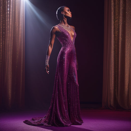 A dramatic spotlight illuminates a confident dancer in a shimmering, iridescent jumpsuit, adorned with intricate, hand-beaded patterns, posing on a dark, velvety stage with a grand, crimson curtain backdrop.