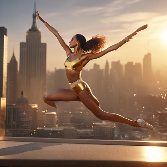 A dramatic, golden-lit studio with a beautiful, fit dancer in mid-leap, surrounded by shimmering trophies and medals, with a subtle, blurred-out cityscape in the background.