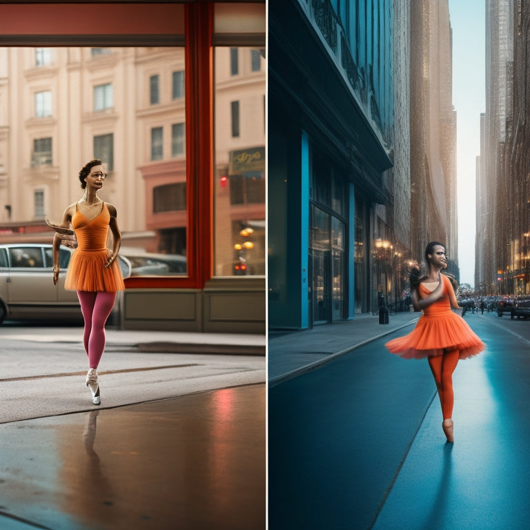 A split-screen image: on one side, a person wearing dance shoes in a dance studio with a ballet barre and mirrors, and on the other side, the same person wearing the same shoes on a city street with buildings and pedestrians.