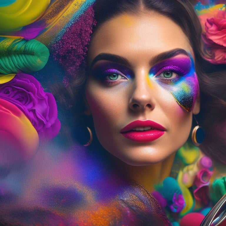 A vibrant, abstract portrait of Theresa Bundick surrounded by swirling brushes, colorful cosmetics, and fragmented mirrors, blending realistic and surreal elements to convey her diverse artistic talents.