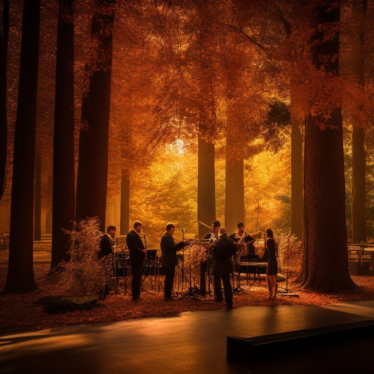 A warm, golden-lit concert hall with a spotlight shining down on a saxophone sextet, surrounded by autumnal foliage, with leaves and vines curled around their music stands.